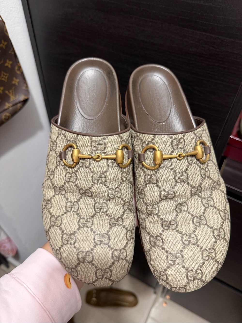 Gucci Beige GG Canvas Horsebit Mules with Gold Hardware- Can send with box